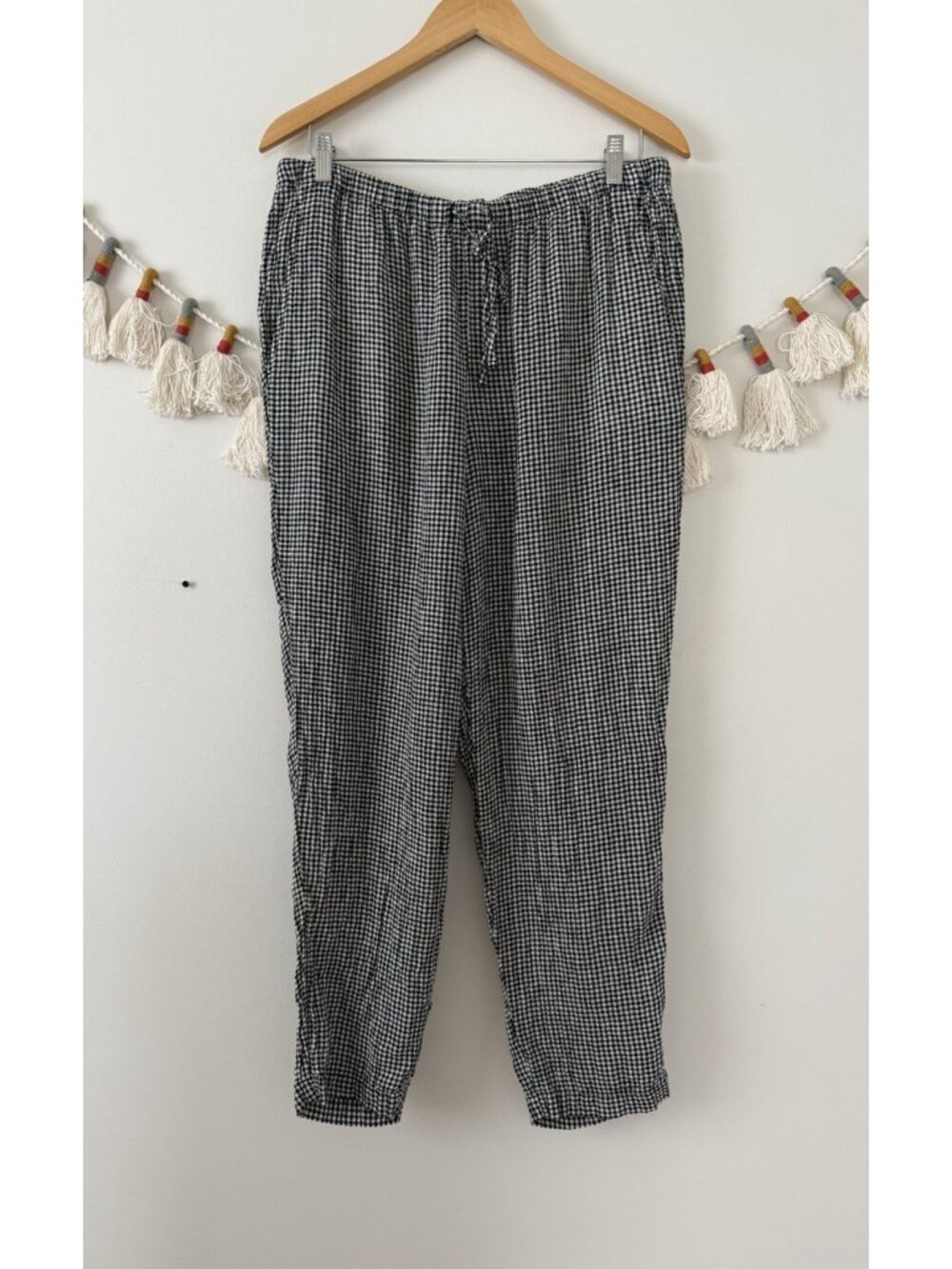 Eileen Fisher Puckered Organic Linen Tapered Pant Gingham Relaxed Lagenlook M